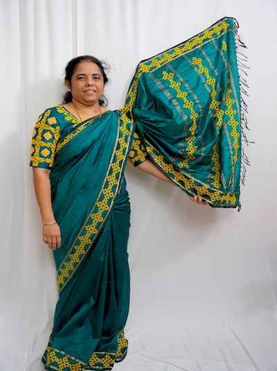 Customised Kutch Work Hand embroidered Saree on Pure Silk Saree