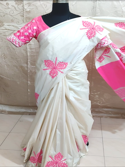 Kutch Work Hand embroidered Saree- Floral Motifs- Pre-order only