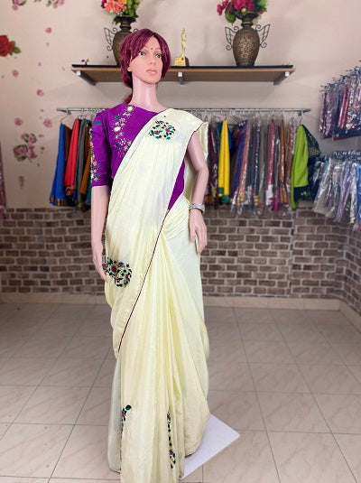 Knot Stitch work Chiffon Silk Saree- White