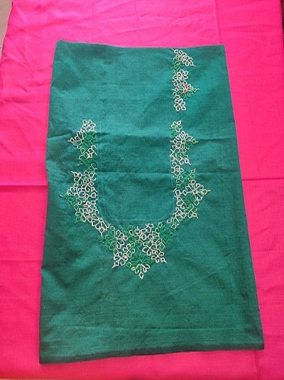 Kasuti Embroidered Unstitched Blouse- Bottle Green