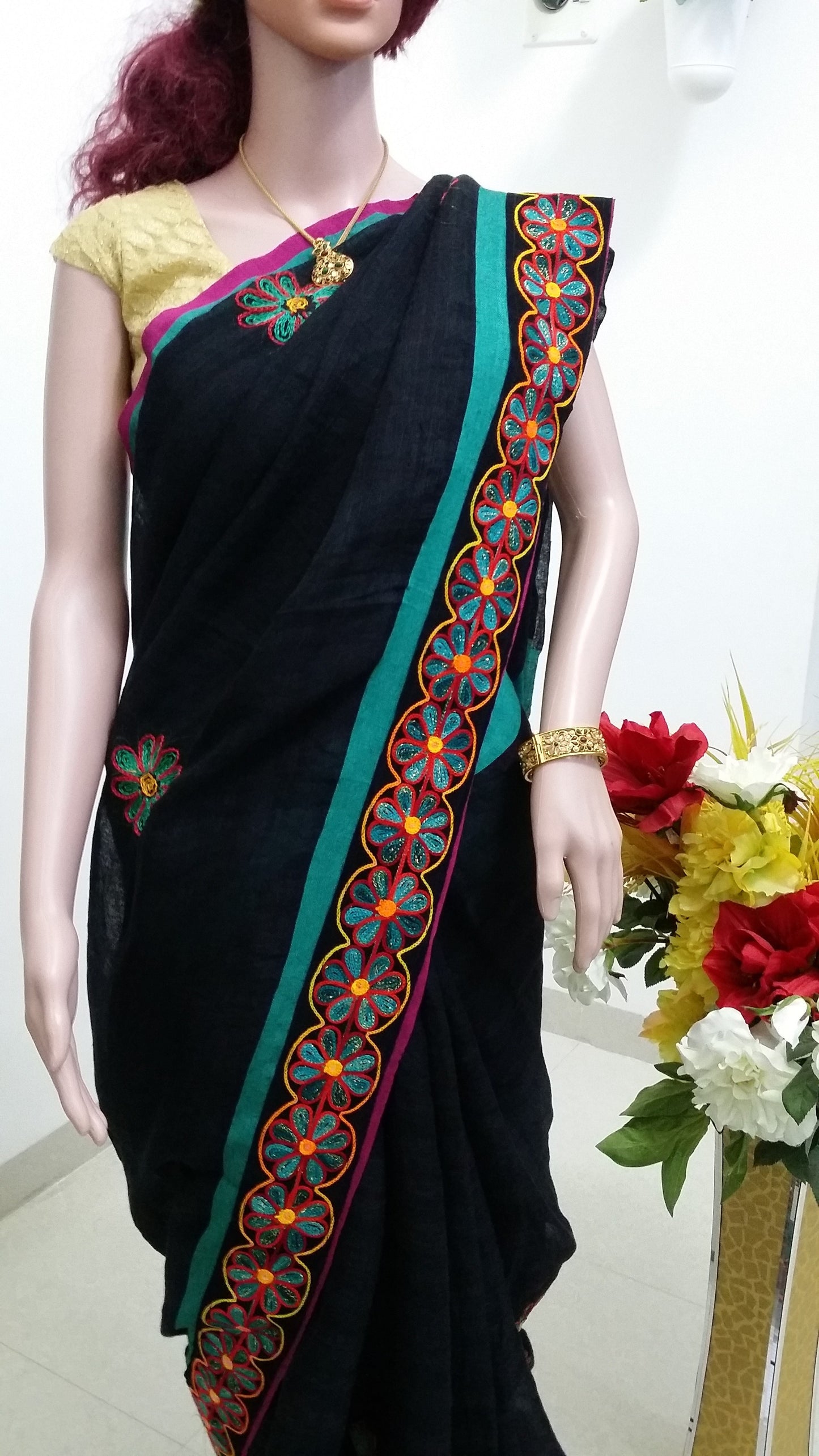 Kashmiri Diamond work on Linen Saree;