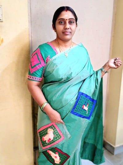 Kutch Work Hand embroidered Saree- Dancing Mudra Design