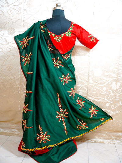 Phulkari Hand Embriodered Saree - Green and Red Saree
