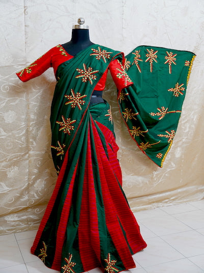 Phulkari Hand Embriodered Saree - Green and Red Saree