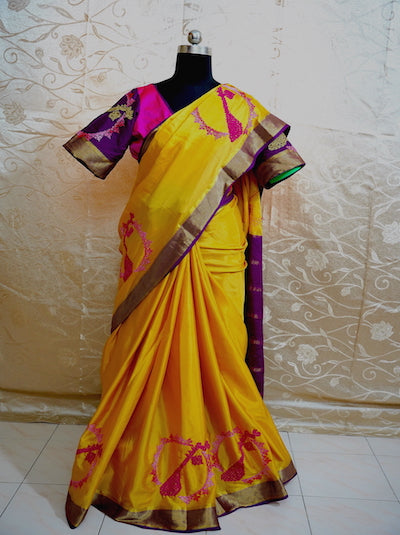 Customised Kutch Work Hand embroidered Mysore Silk Saree- Veenai Design