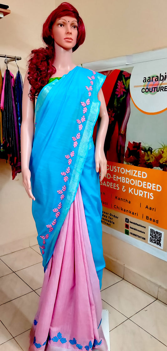 Phulkari work  Linen Saree FOR DISPLAY; CAN BE DONE UPON REQUEST