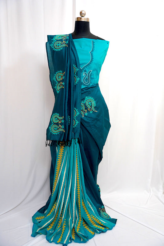 Kutch Work Hand embroidered Saree Aqua Blue