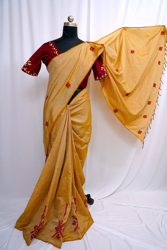 Phulkari Hand Embriodered Saree Sandal Colour